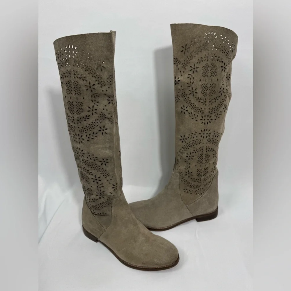 Bata Lace Cut Out Suede Leather Boots Women's Size 36 (5.5-6) Beige Tall Riding - Picture 16 of 16